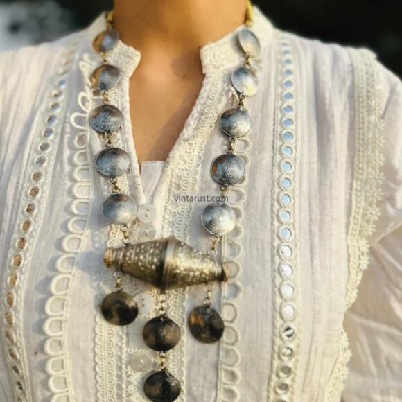 Silver Vintage Necklace with Dangling Pendant, Kuchi Handmade Necklace - Picture 1 of 6